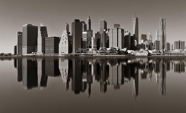 Manhattan financial district with skyscrapers over East River with reflection.