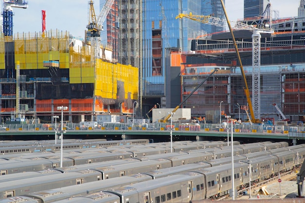 Manhattan NY USA January 30th 2017 Subway trains parking near buildings construction