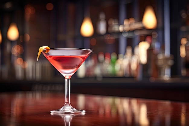 Manhattan red cocktail on the bar counter in a nightclub with a blurred background Drink presentation