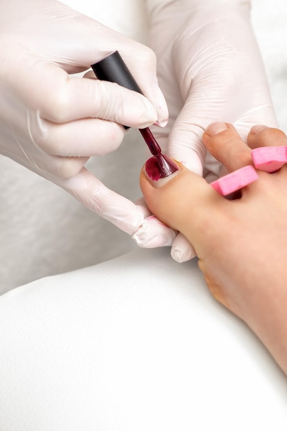 Manicure master is painting female toenails