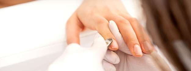 Manicure master uses manicure clippers removing cuticles on female nails in a beauty salon close up.