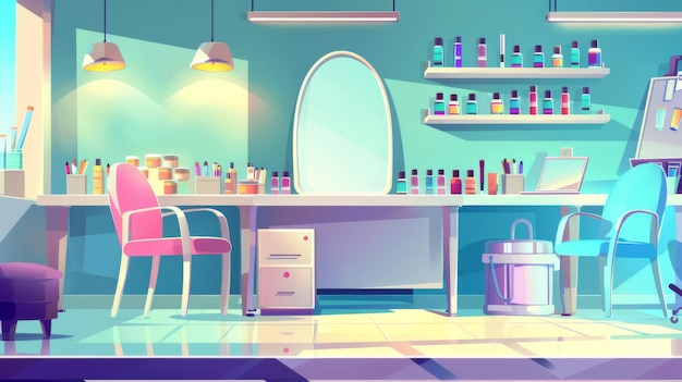 A manicure salon interior with chairs near a table with lamp color palette equipment nail polish jars on a shelf and a large mirror
