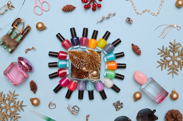 manicure with nail polish, pedicure on white background