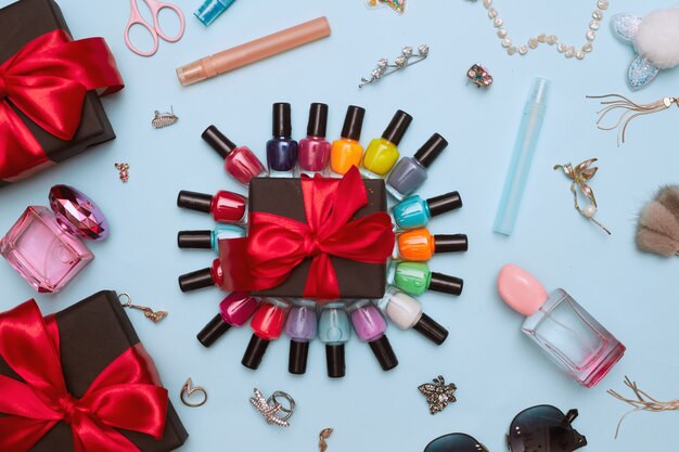 manicure with nail polish, pedicure on white background