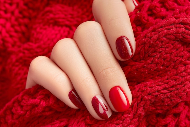 Manicured womans hand holding knitted fabric manicure pedicure design trends