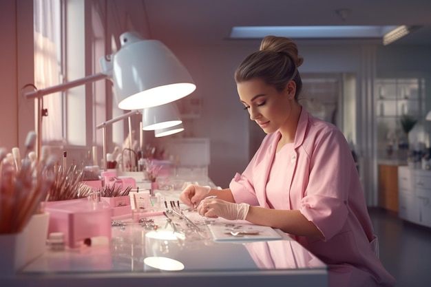 Manicurist meticulously shaping and filing nails Generative ai