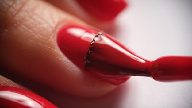 Manicurists apply red nail gel polish on finger closeup