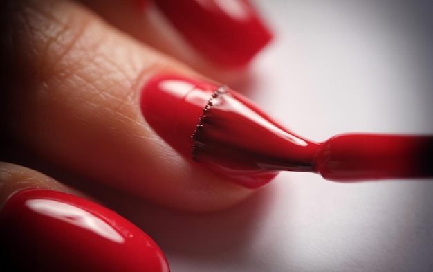 Manicurists apply red nail gel polish on finger closeup