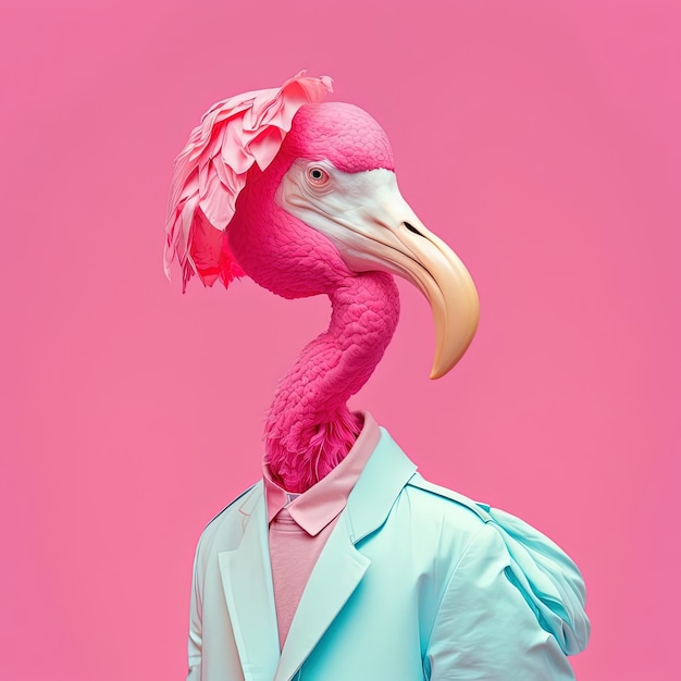 Manierflamingo in overhemd Magenta roze zwart-wit portret Generatieve AI