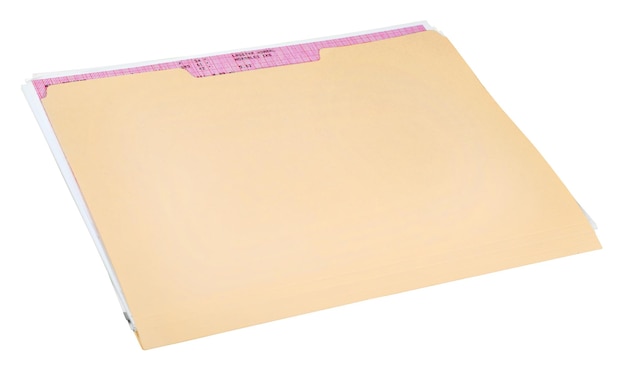 Manila folder with some documents in it. on a white background