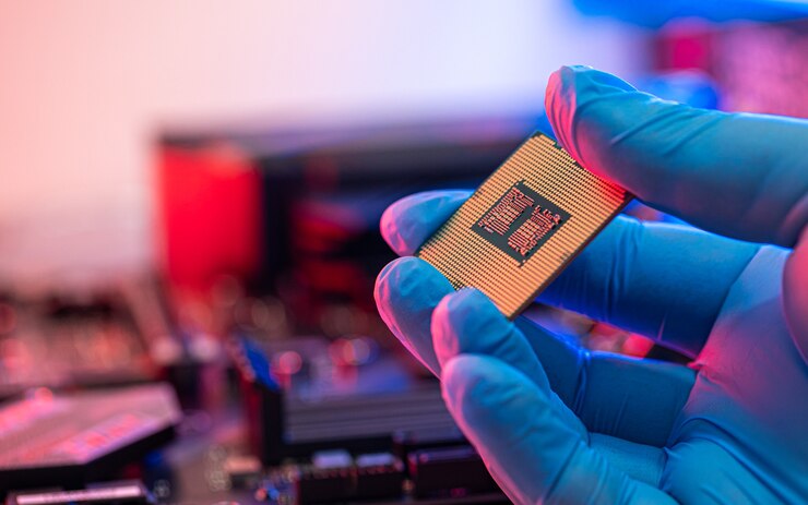 Photo manipulating and installing processor on the motherboard in details with blur and selective focus