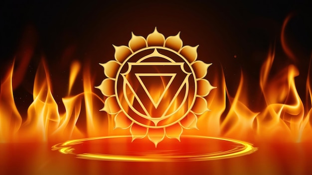 Photo manipura chakra symbol on a fire background this is the third chakra also called the solar plexus