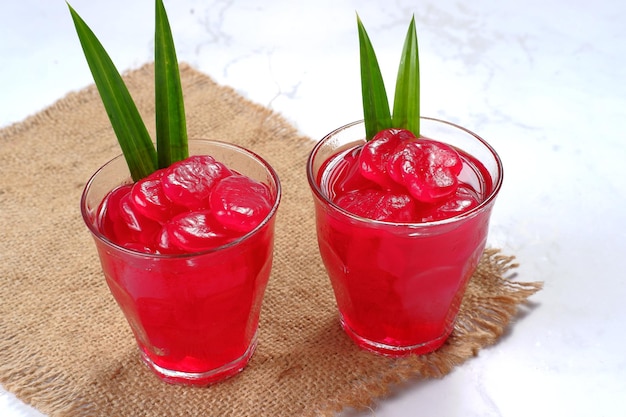 manisan kolang kaling ,preserved sugar palm fruit,tinted red with red syrup and paste