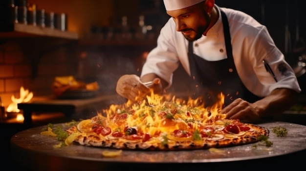 Foto manlijke pizza in een restaurant