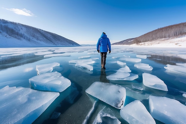 Foto manlijke toerist die op het ijs van het baikalmeer loopt winterlandschap van het baikalmeer siberië rusland blauw doorzichtig gebarsten ijs en de blauwe lucht