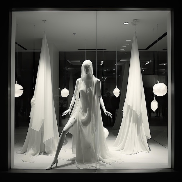 a manne in the window of a store with white cloths hanging from it's windows and lights