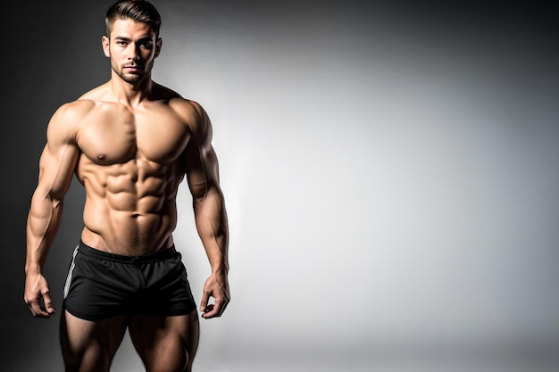 Mannelijk fitness trainer model geïsoleerd op zwarte achtergrond met een plaats voor tekst