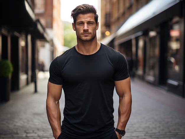 Mannelijk model in een klassieke zwarte katoenen T-shirt op een stadsstraat Generatieve ai