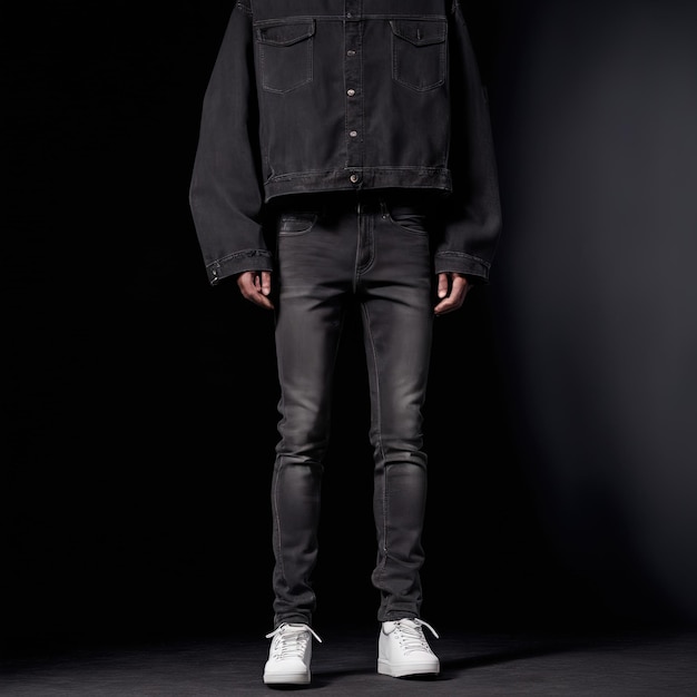 mannelijk model in zwart lederen jas poseren op grijze achtergrond mode en stijl conceptman in zwart l