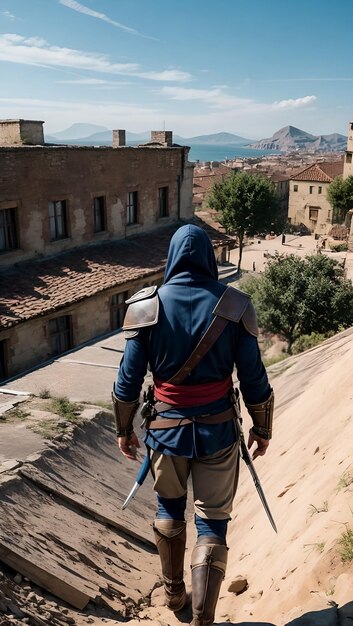 Foto mannelijk personage in de stijl van assassin's creed.