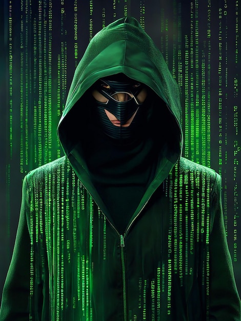 mannelijk personage lange kap zwarte masker groene ogen zwarte jas cyberpunk achtergrond