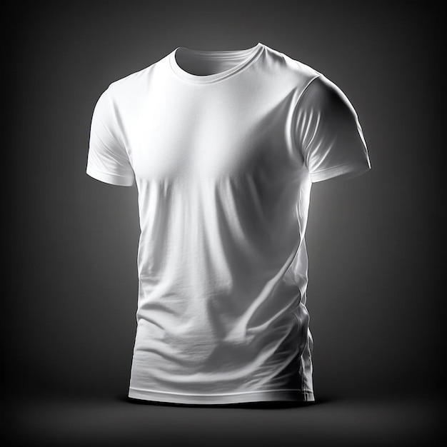 Mannelijk wit t-shirt mockup vooraanzicht op donkere achtergrond Vorm van het t-shirt zonder lichaam mannen wit blanco T-shirt sjabloon onzichtbare mannequin AI gegenereerde afbeelding