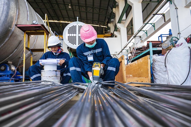 Mannelijke arbeider inspecteert het oppervlak op de industriële bouwmagazijn van de warmtewisselaarbuisbundel positief