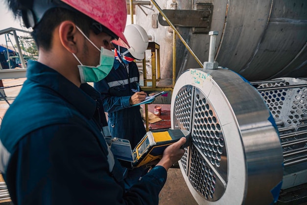 Mannelijke arbeider inspecteert het oppervlak op de industriële bouwmagazijn van de warmtewisselaarbuisbundel positief