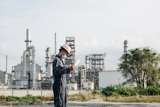 Mannelijke arbeiders doen inspectie en registreren procesraffinaderij op industriële bouwplaatsolie en -gas.