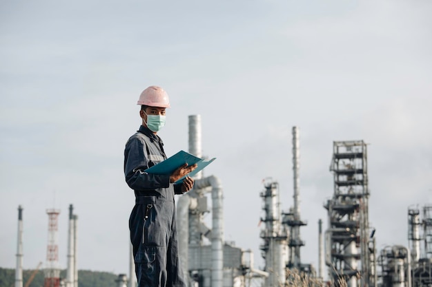 Mannelijke arbeiders doen inspectie en registreren procesraffinaderij op industriële bouwplaatsolie en -gas.