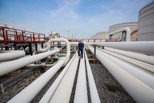 Mannelijke arbeidersinspectie bij stalen lange pijpen en pijpelleboog in de oliefabriek van het station tijdens de raffinaderijklep van de olie- en gasindustrie van de visuele controlerecordpijplijn.