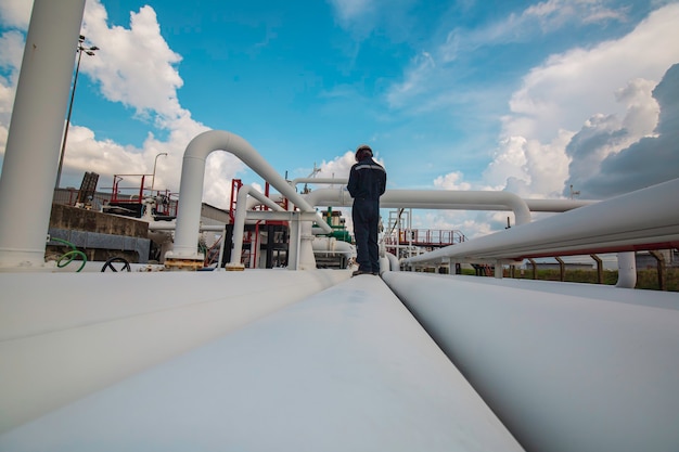 Mannelijke arbeidersinspectie bij stalen lange pijpen en pijpelleboog in de oliefabriek van het station tijdens de raffinaderijklep van de olie- en gasindustrie van de visuele controlerecordpijplijn.