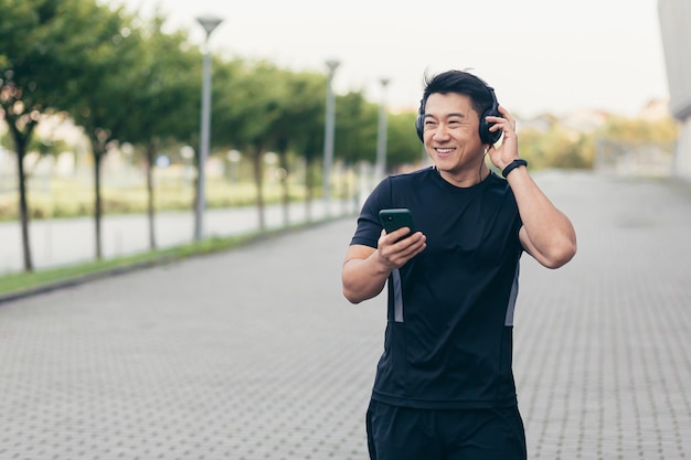 Mannelijke aziatische atleet op een ochtendrun in het park bij het stadion luistert naar muziek en podcast in grote koptelefoons gebruikt de telefoon