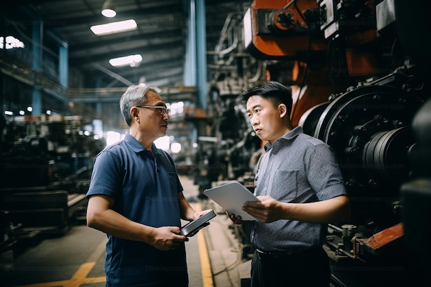 mannelijke Aziatische ingenieur die een discussie heeft bij de machine in de fabriek