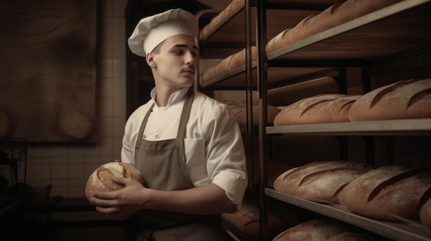 Mannelijke bakkerchef-kok met een schort die heerlijke gebakken producten maakt in de bakkerij Generative AI AIG21