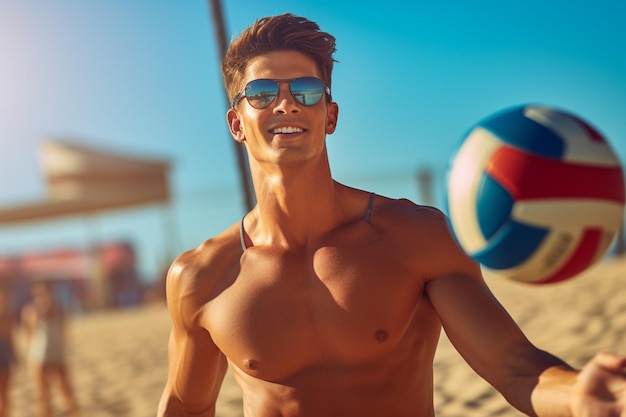 Mannelijke beachvolleyballers spelen overdag een volleybalwedstrijd op het strand