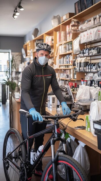 mannelijke bedrijfseigenaar die de toonbank in een fietswinkel desinfecteert