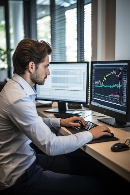 Mannelijke beurshandelaar die financiële gegevens analyseert op meerdere computermonitors