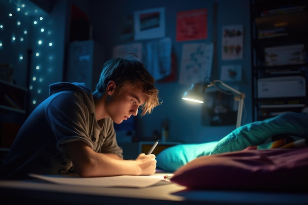 Mannelijke blanke tiener die huiswerk maakt in de slaapkamer en slimme generatieve AI AIG23 bestudeert