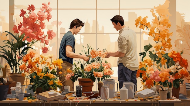 Mannelijke bloemisten minimalistische karakters die werken bij Flower Store AI gegenereerd