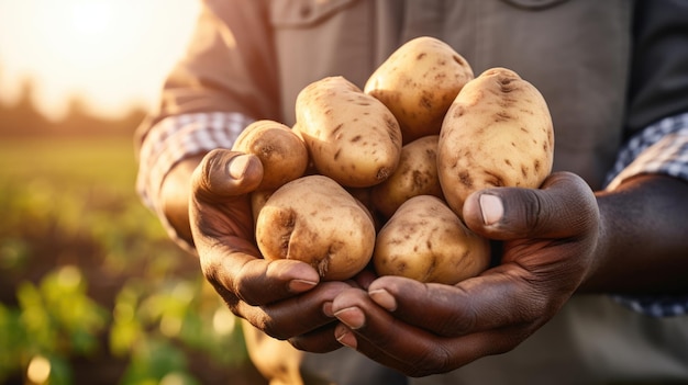 Mannelijke boer die een aardappeloogst in zijn handen houdt