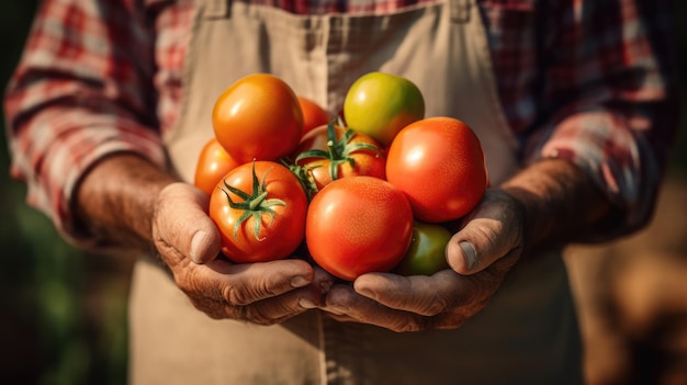 Mannelijke boer heeft een oogst verse tomaten
