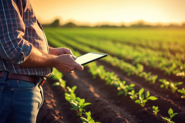 Mannelijke boer met een tablet op een sojabonenboerderij landbouwveld Technologie landbouw landbouwconcept