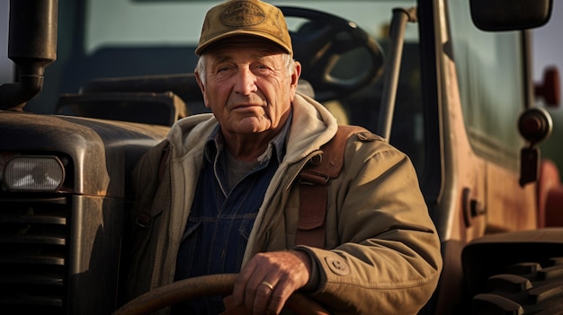 Mannelijke boer zit achterin een tractor