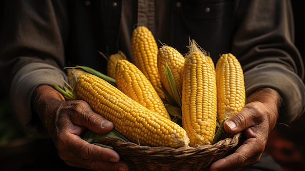 Mannelijke boerenhanden met maïs