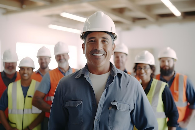 mannelijke bouwaannemer die een helm voor veiligheidsuitrusting draagt met een achtergrond van een bouwplaats