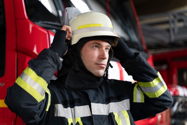 Foto mannelijke brandweerman die veiligheidshelm opzet