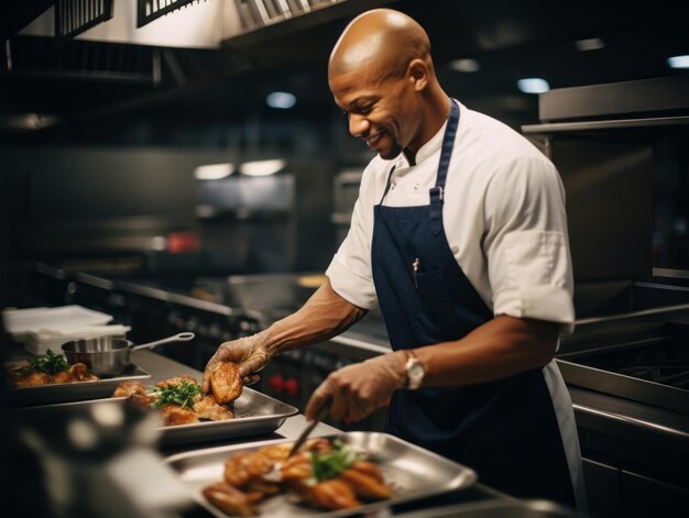 Foto mannelijke chef-kok creëert culinaire hoogstandjes in een bruisende keuken