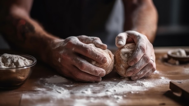 Mannelijke chef-kok die deeg kneden met handen generatieve ai