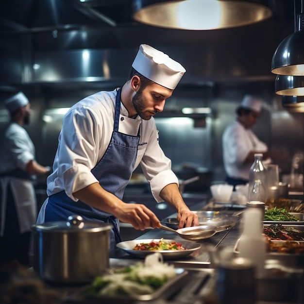 Mannelijke chef-kok die eten in een bord legt terwijl hij in de commerciële keuken werkt